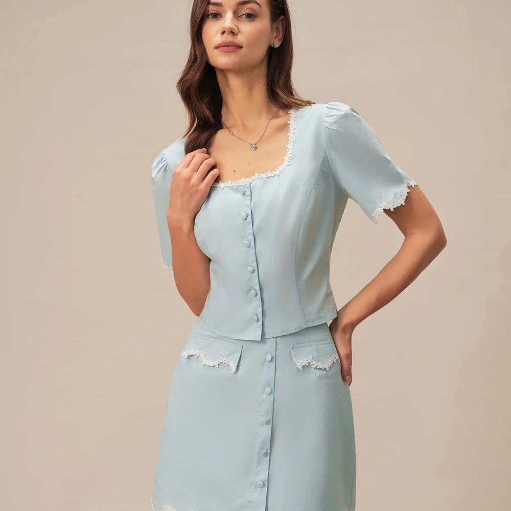 RIHOAS NWT 100% Cotton Lace Button Square Neck Top Light Blue White Sz S